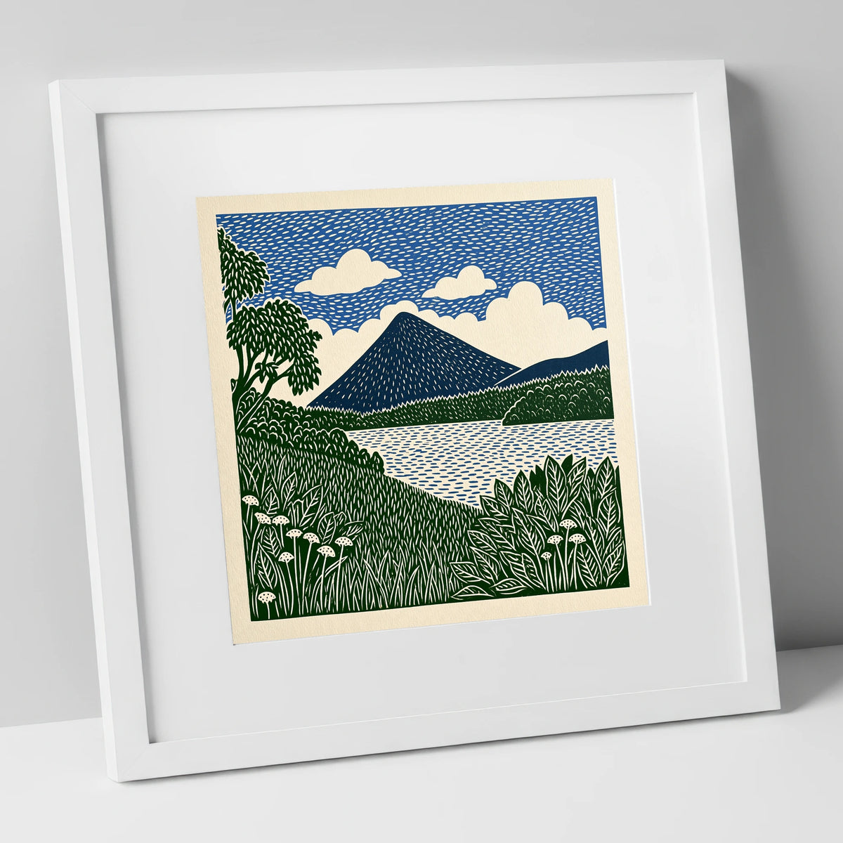 Catbells Peak in Deep Blue lake district fell art print in white frame
