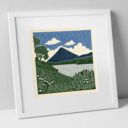 Catbells Peak in Deep Blue lake district fell art print in white frame