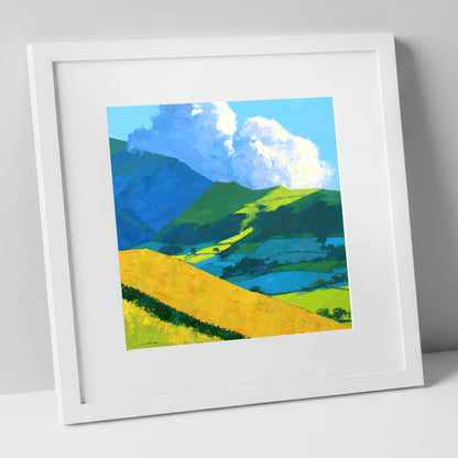 Sunlight and Shadow over Lakeland Fells lake district fell art print in white frame