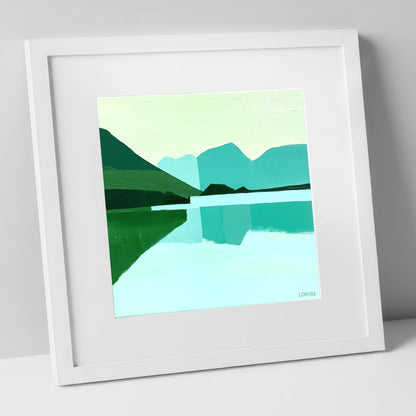 Loweswater Reflections in Bold Teal lake district lake art print in white frame