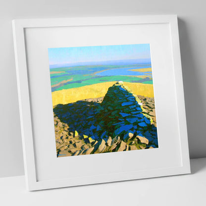 Vibrant Brae Fell Stone Cairn lake district fell art print in white frame