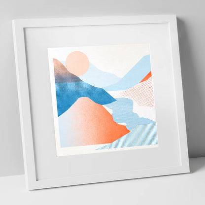 Graphic Eskdale Valley in Coral lake district valley art print in white frame