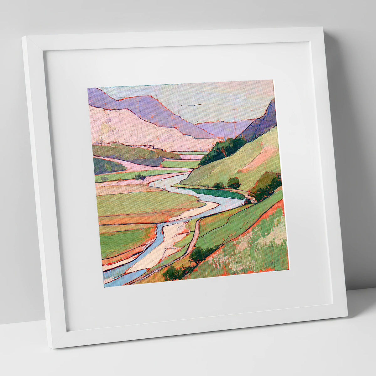 Pastel Fells and Winding River lake district waterfall art print in white frame