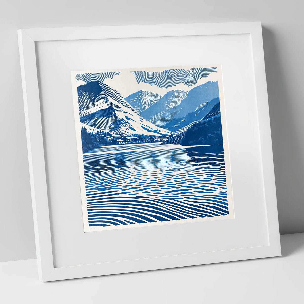 Cobalt Blue Lake And Fells lake district lake art print in white frame