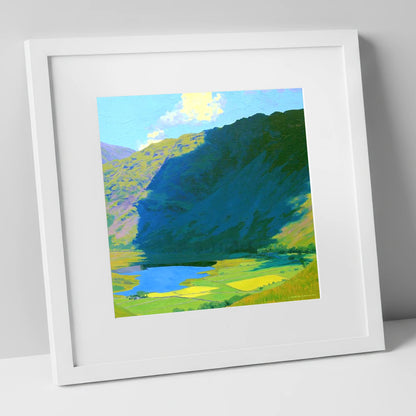Brock Crags over Sunlit Valley lake district fell art print in white frame