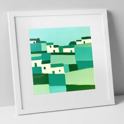 Abstract Cartmel Village Landscape lake district village art print in white frame