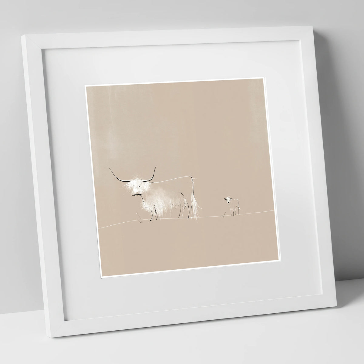 Highland Cattle on Warm Beige lake district wildlife art print in white frame