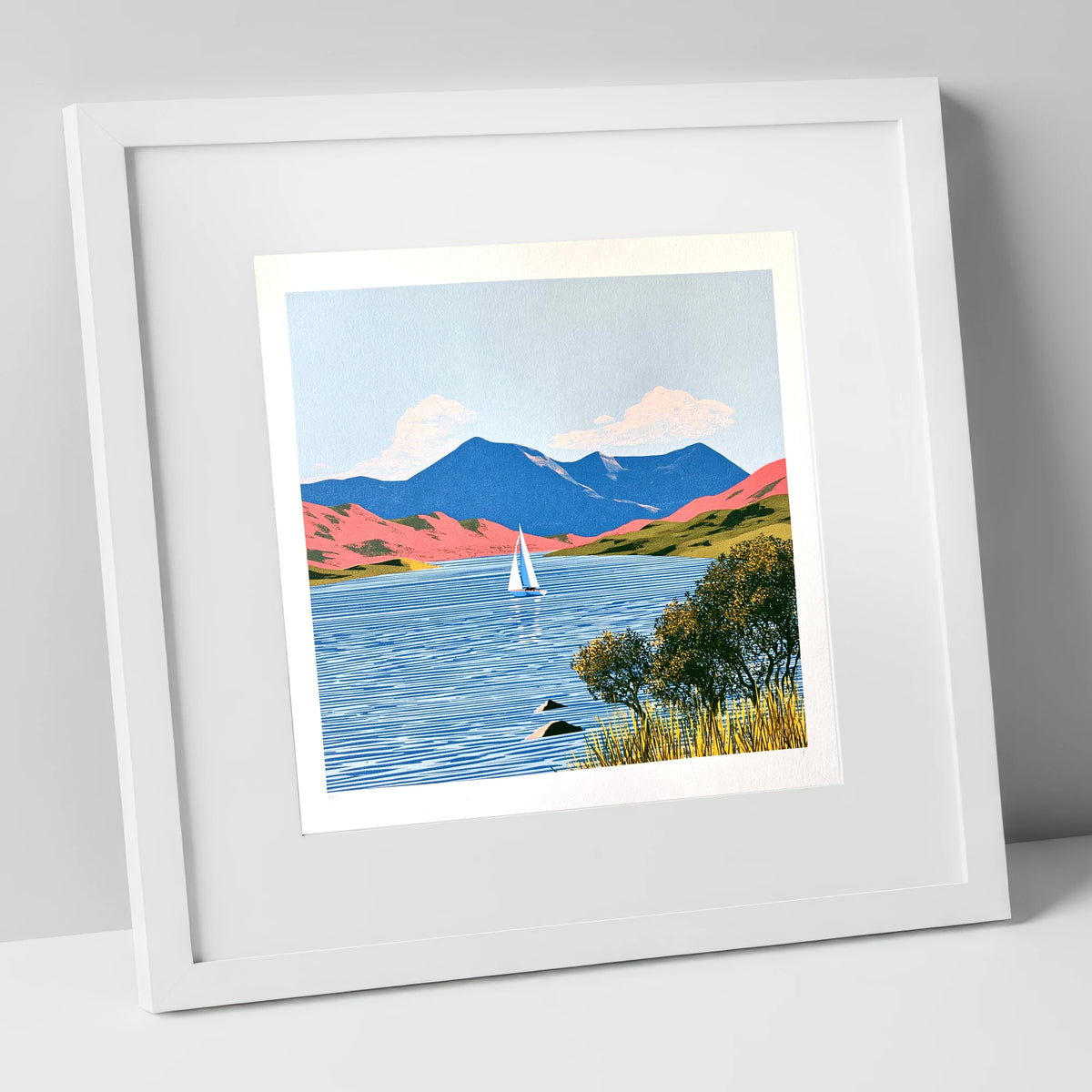 Vibrant Fells Over Coniston Water lake district lake art print in white frame