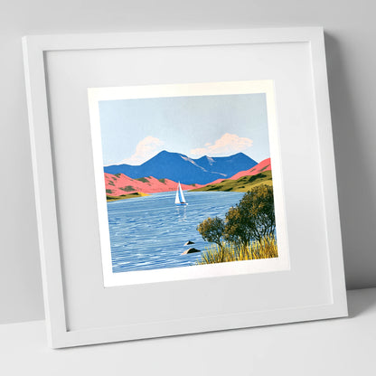 Vibrant Fells Over Coniston Water lake district lake art print in white frame