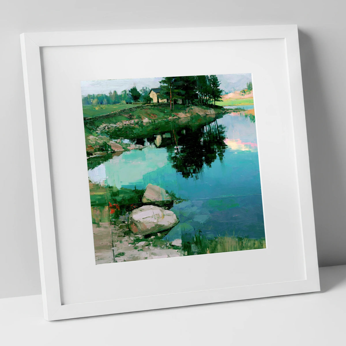 Lakeside Cottage And Turquoise Reflections lake district lake art print in white frame