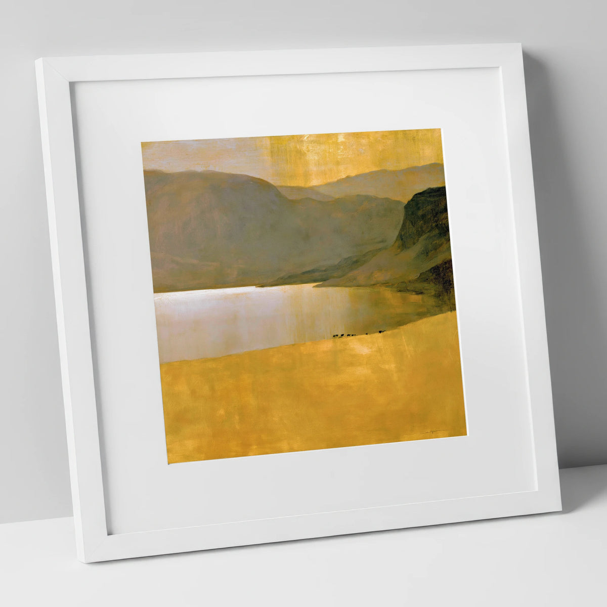 Golden Lake Beneath Dark Fells lake district lake art print in white frame