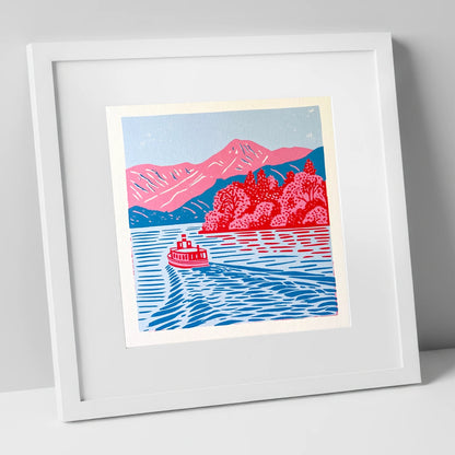 Vibrant Derwentwater Boat and Fells lake district lake art print in white frame