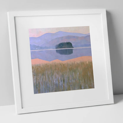 Grasmere Island and Pastel Fells lake district lake art print in white frame