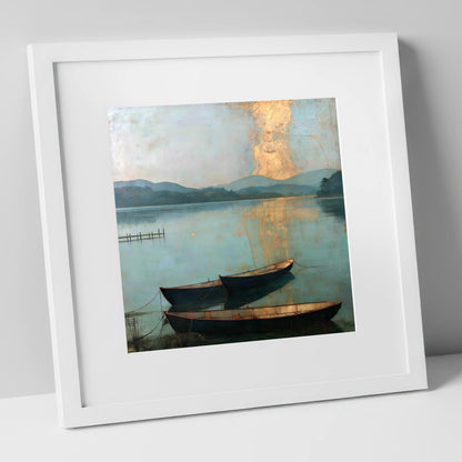 Golden Light over Windermere Boats lake district lake art print in white frame
