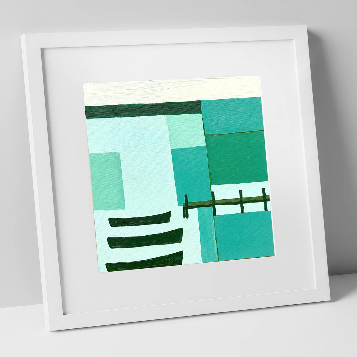 Abstract Teal Windermere Boats lake district lake art print in white frame
