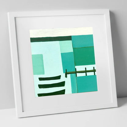 Abstract Teal Windermere Boats lake district lake art print in white frame