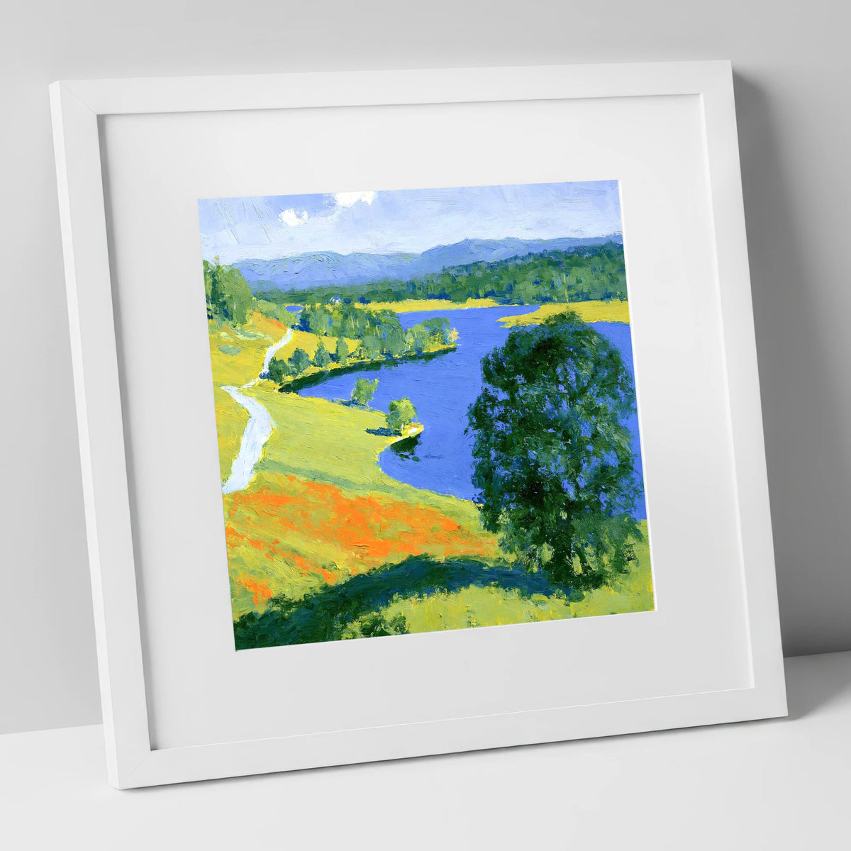 Vivid Colours of Tarn Hows lake district lake art print in white frame