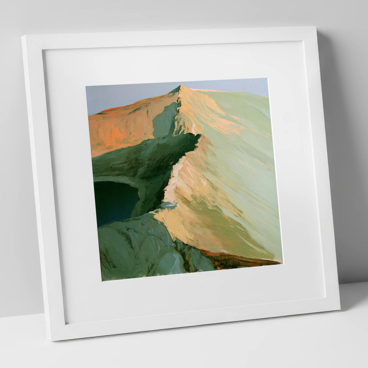 Apricot Light on Striding Edge lake district walking art print in white frame