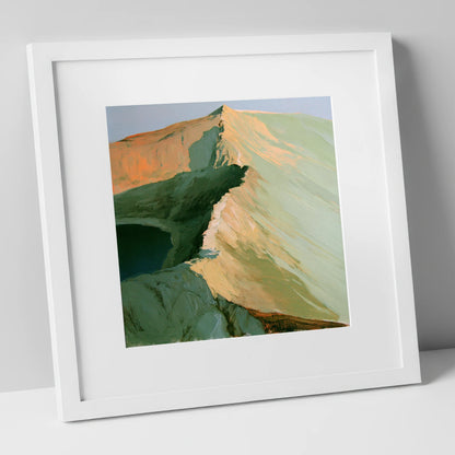 Apricot Light on Striding Edge lake district walking art print in white frame