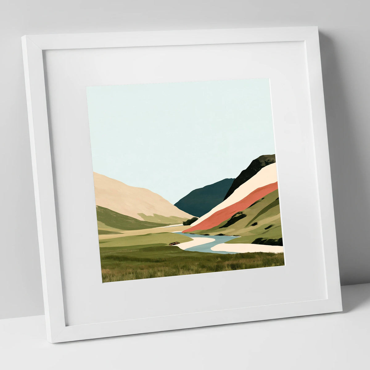 Winding River and Terracotta Fells lake district waterfall art print in white frame