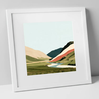 Winding River and Terracotta Fells lake district waterfall art print in white frame