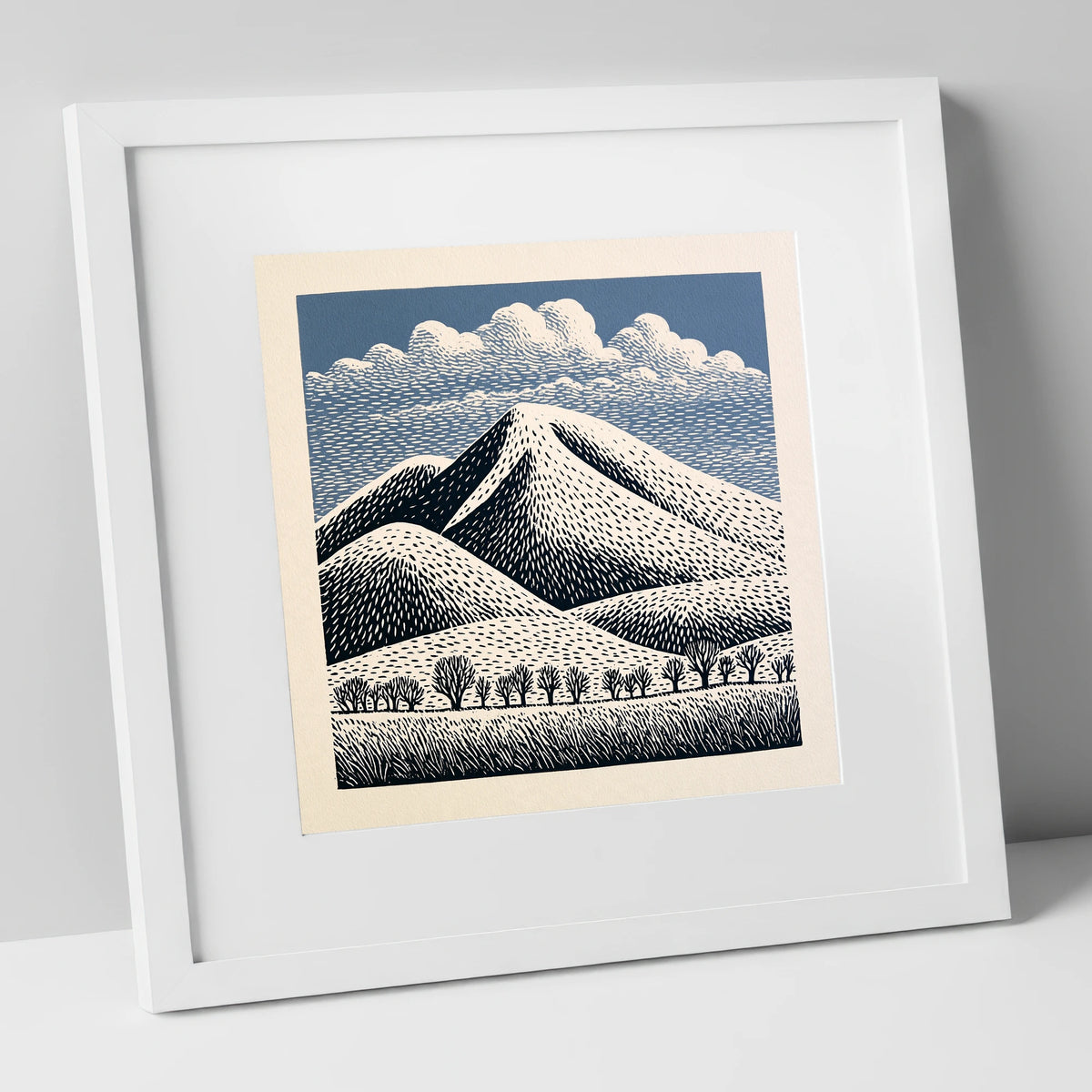 Skiddaw Mountain Beneath Patterned Clouds lake district fell art print in white frame