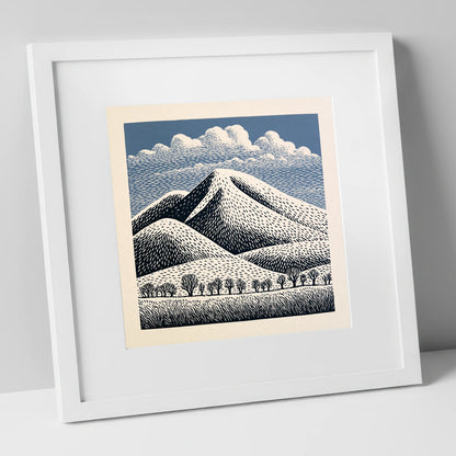 Skiddaw Mountain Beneath Patterned Clouds lake district fell art print in white frame
