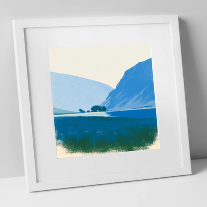 Blue Fells and Still Lake lake district lake art print in white frame