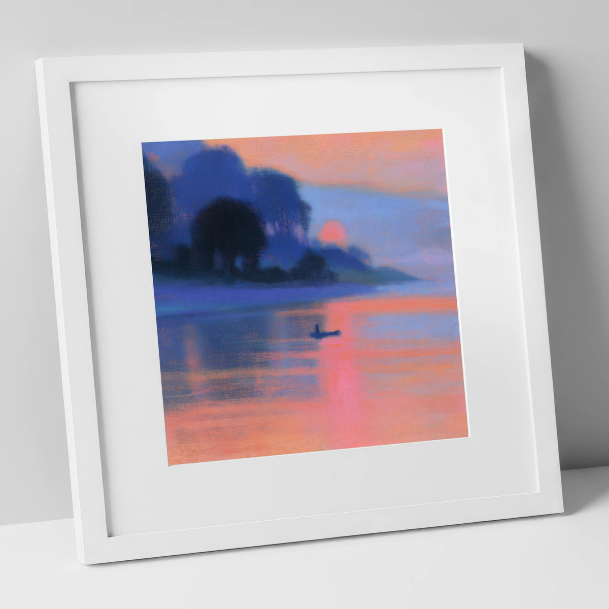 Indigo and Pink Lake Sunset lake district lake art print in white frame