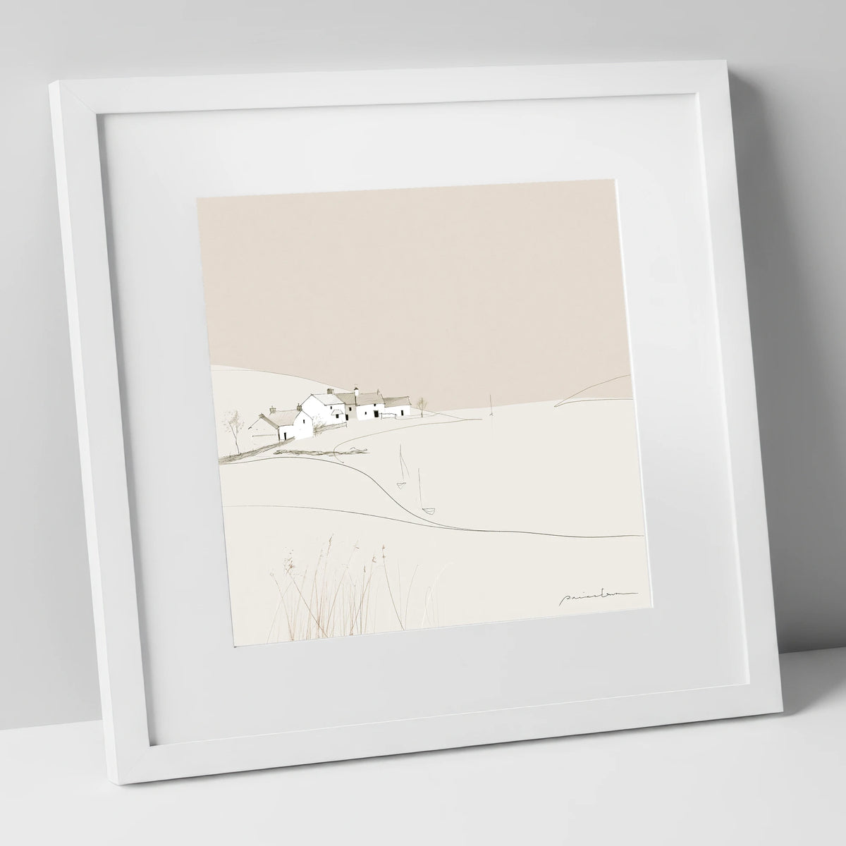 Minimalist White Lakeside Village lake district village art print in white frame