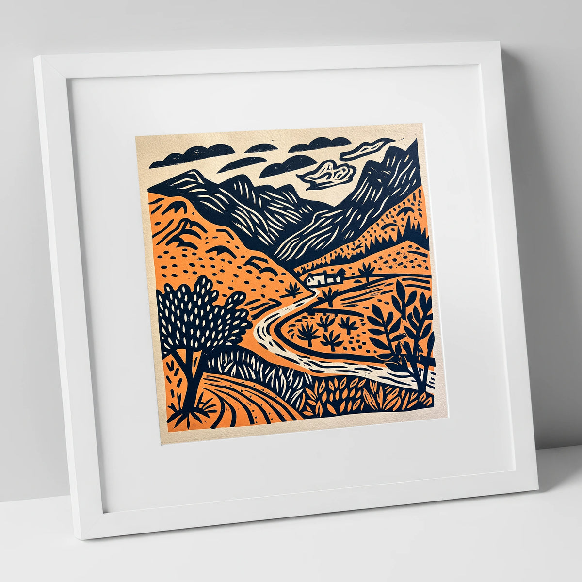 Terracotta And Navy Eskdale Valley lake district valley art print in white frame