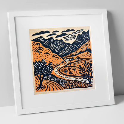 Terracotta And Navy Eskdale Valley lake district valley art print in white frame