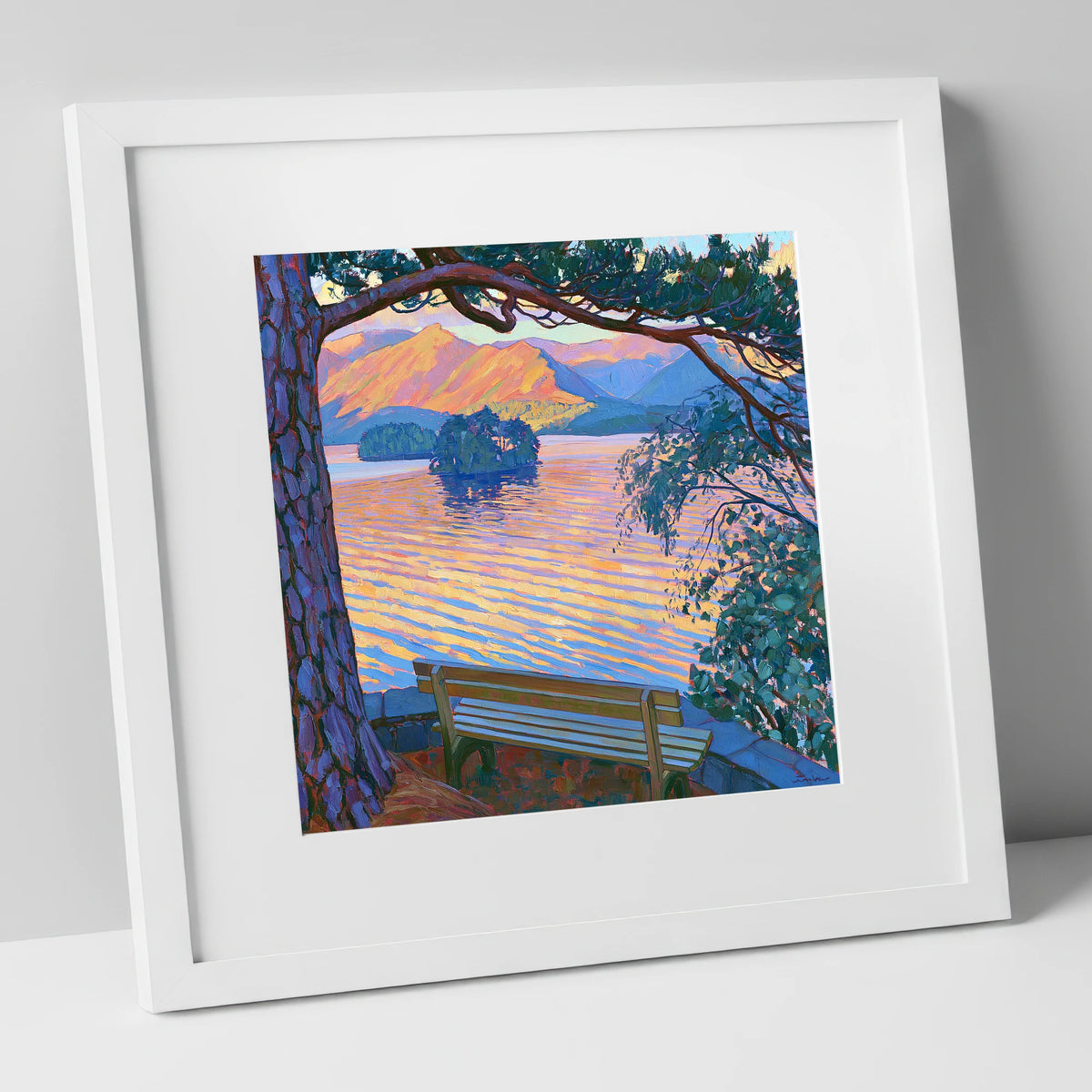 Vibrant Derwentwater From Friar's Crag lake district village art print in white frame