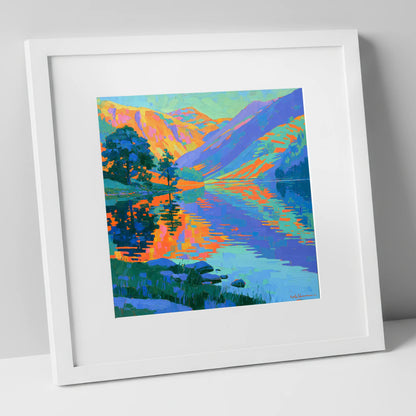 Vibrant Fells and Lake Reflections lake district lake art print in white frame