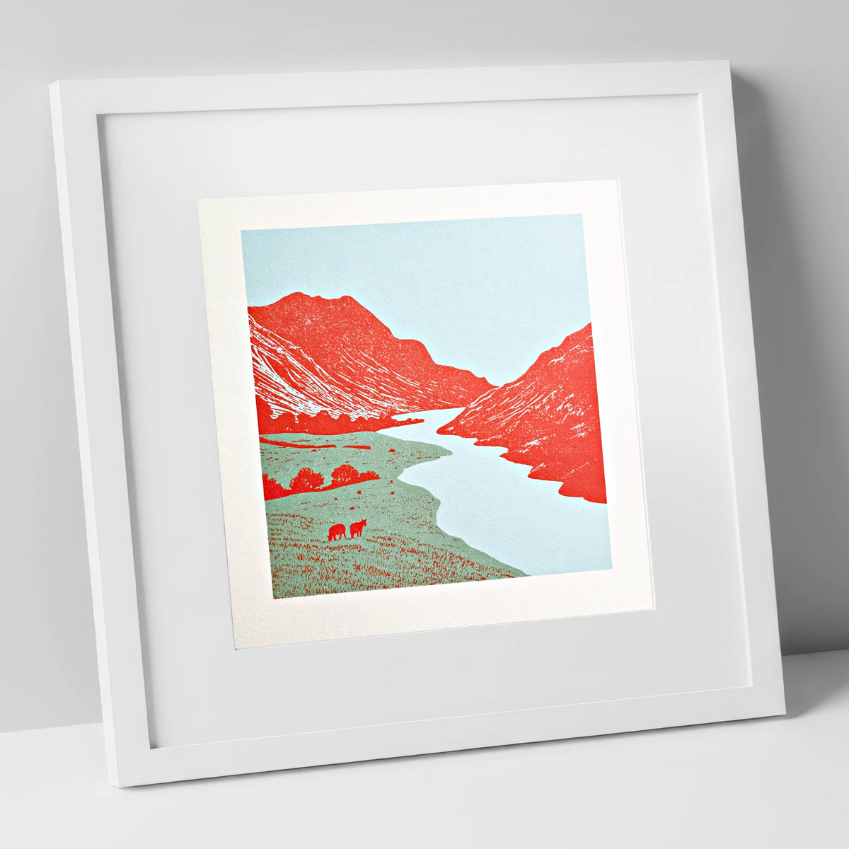 Eskdale Valley in Vivid Red lake district valley art print in white frame