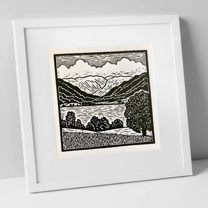 Grasmere and Fells in Monochrome lake district lake art print in white frame