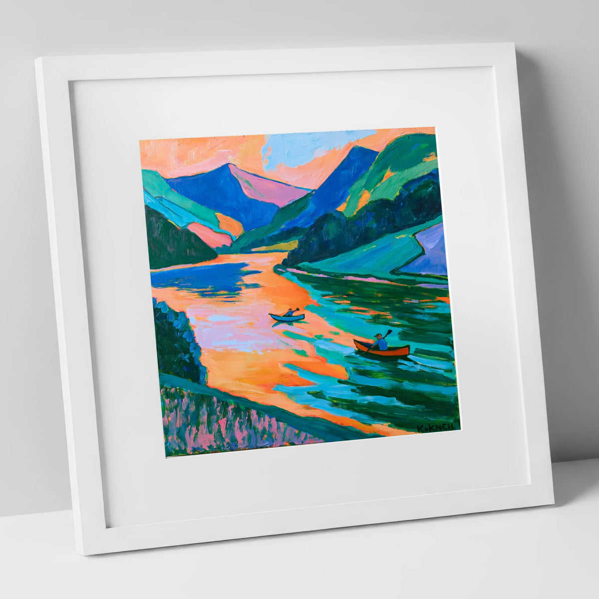 Lake Kayaking in Vivid Colour lake district walking art print in white frame