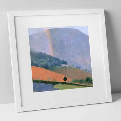 Fell Barn Under a Rainbow lake district sky art print in white frame