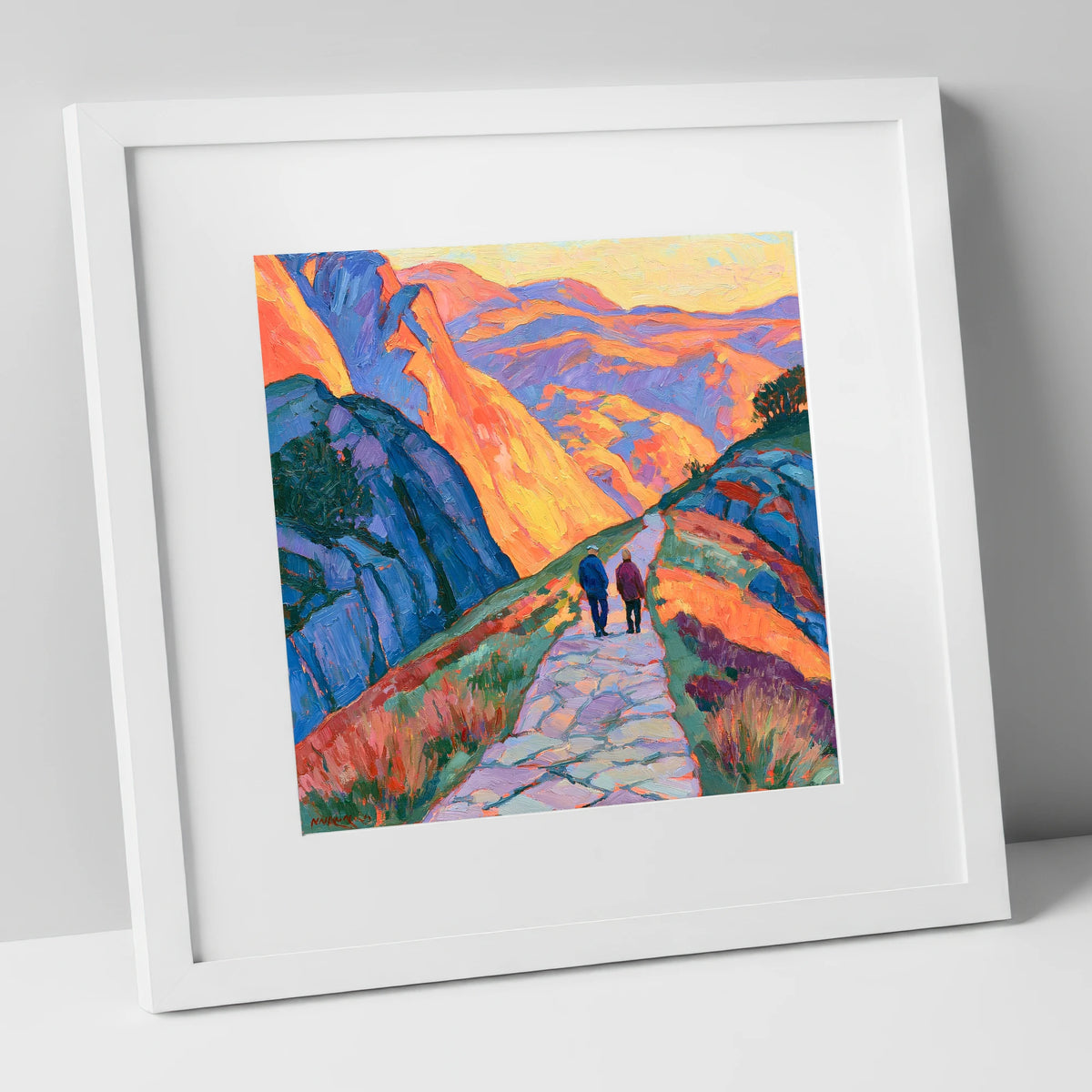 Walkers on an Amber Mountain Path lake district walking art print in white frame