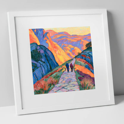 Walkers on an Amber Mountain Path lake district walking art print in white frame