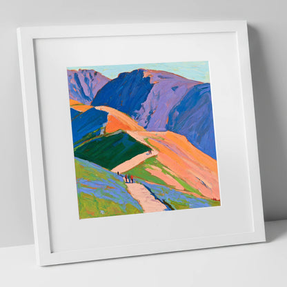 Walkers on Vibrant Mountain Path lake district walking art print in white frame