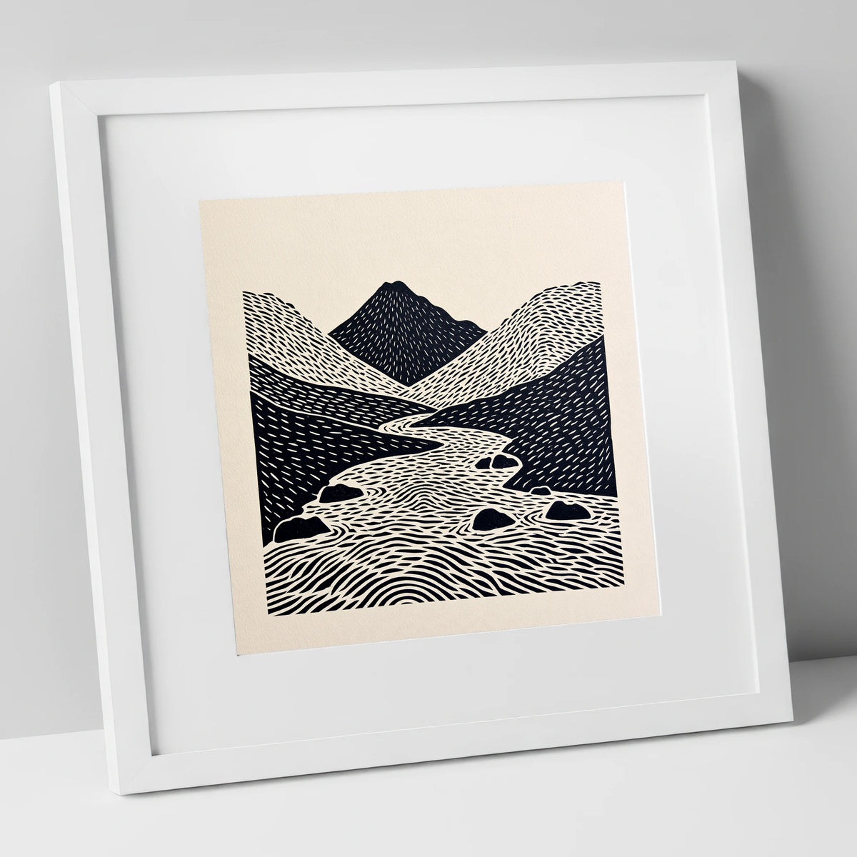 Bold Scafell Pike and Beck lake district fell art print in white frame