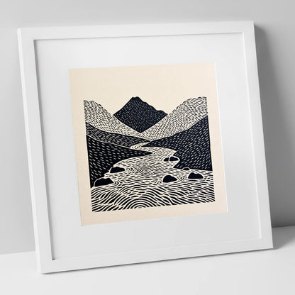 Bold Scafell Pike and Beck lake district fell art print in white frame