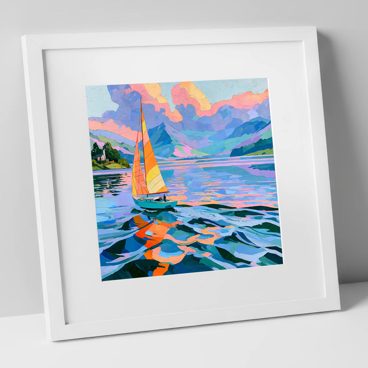 Vibrant Sailboat on Breezy Lake lake district walking art print in white frame