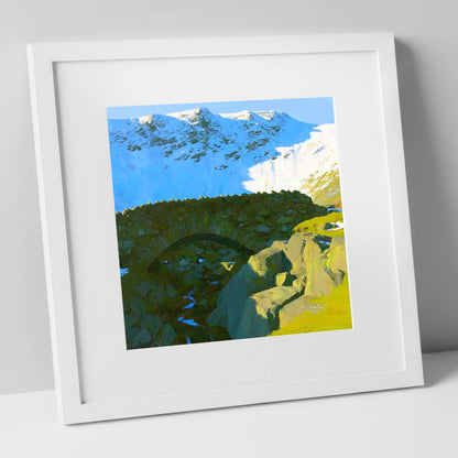 Allen Crags Winter Stone Bridge lake district fell art print in white frame