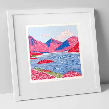 Vibrant Wasdale Fells and Lake lake district valley art print in white frame