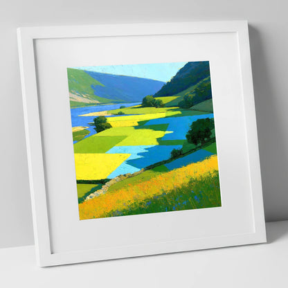 Sunlit Valley Pastures and Blue Shadows lake district valley art print in white frame
