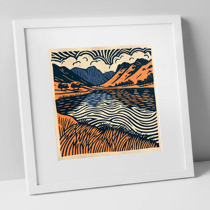Calm Lake in Navy and Terracotta lake district lake art print in white frame