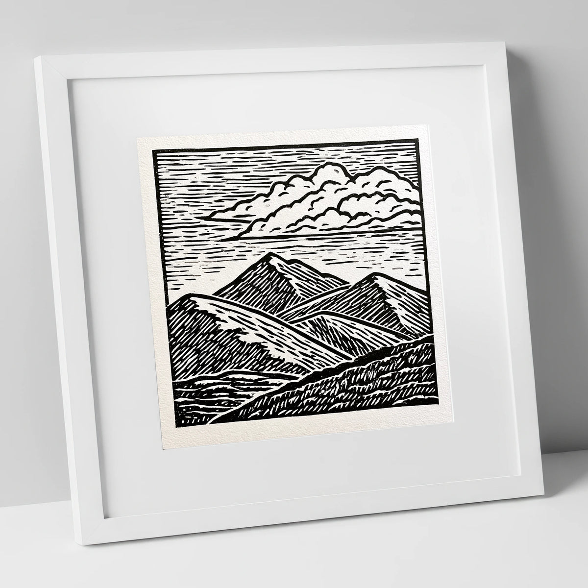 Black and White Rolling Fells lake district fell art print in white frame