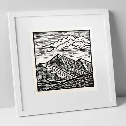 Black and White Rolling Fells lake district fell art print in white frame